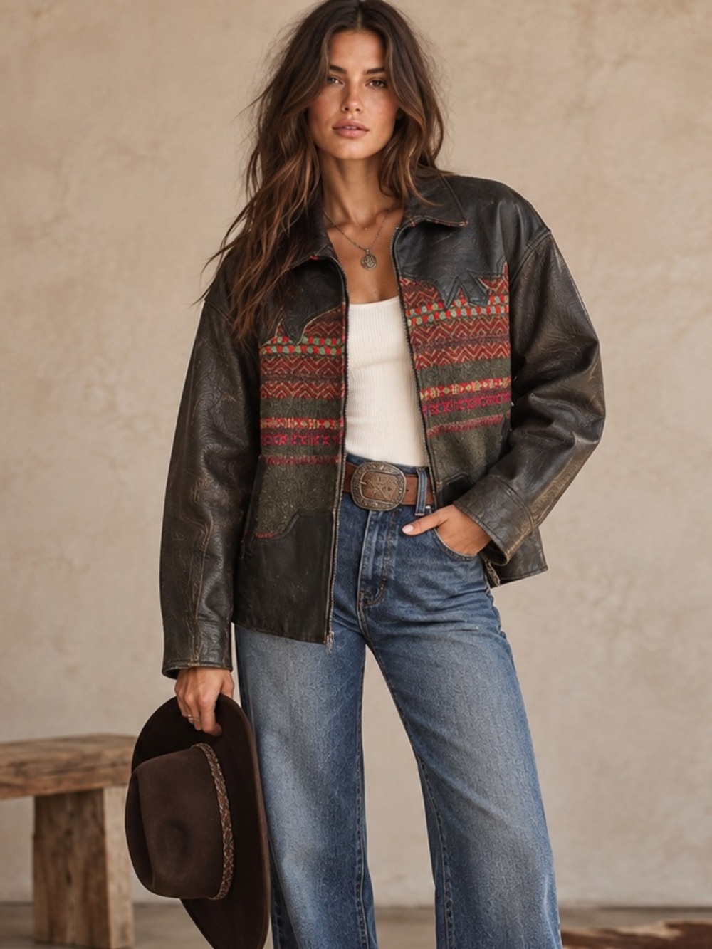 Vintage Wiinlit Leather Jacket with Aztec-Inspired Paneling